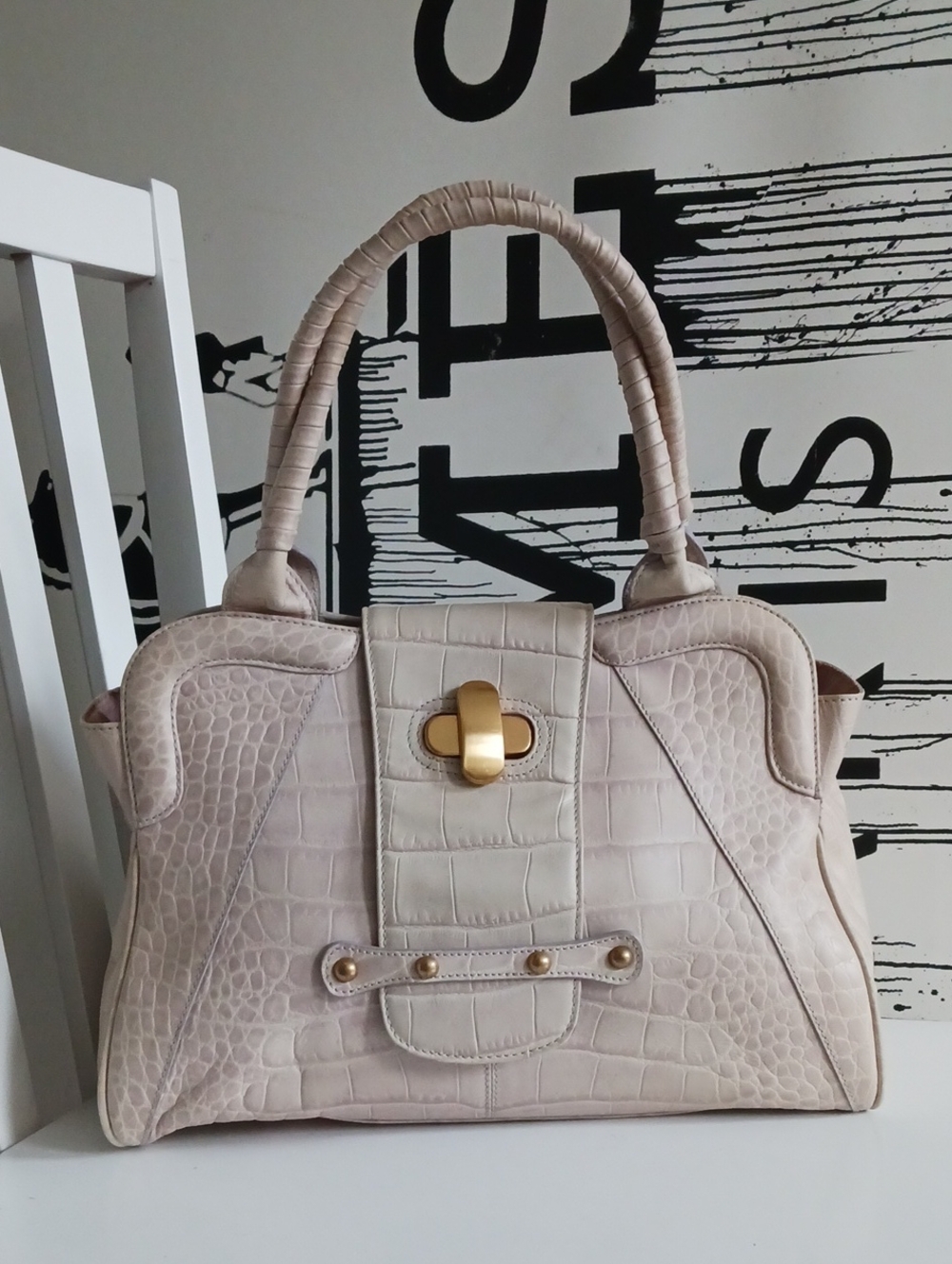 MaxMara Vintage  Croc-Embossed Top-Handle Bag Sa5chel with Gold Hardware,